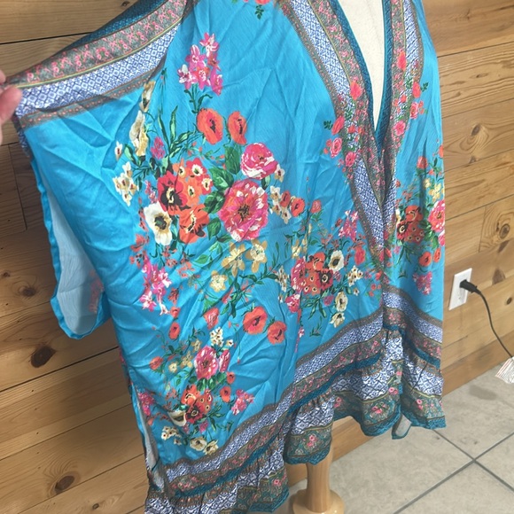 NWT Umgee boho turquoise silky floral kimono swim cover wrap poncho ruana XL 1X - Picture 5 of 16